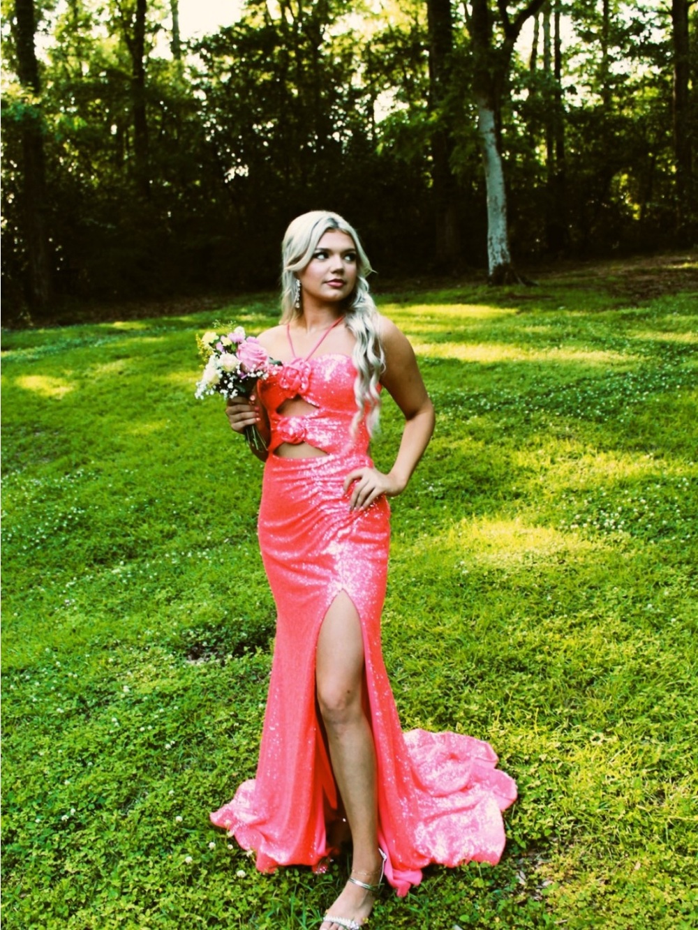 Pink Sequin Cutout Prom Dress with Thigh Slit Ashely Lauren!